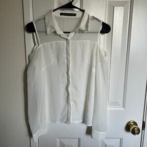 ZARA KARA Women See Through Button Down Shirt, White, Size S